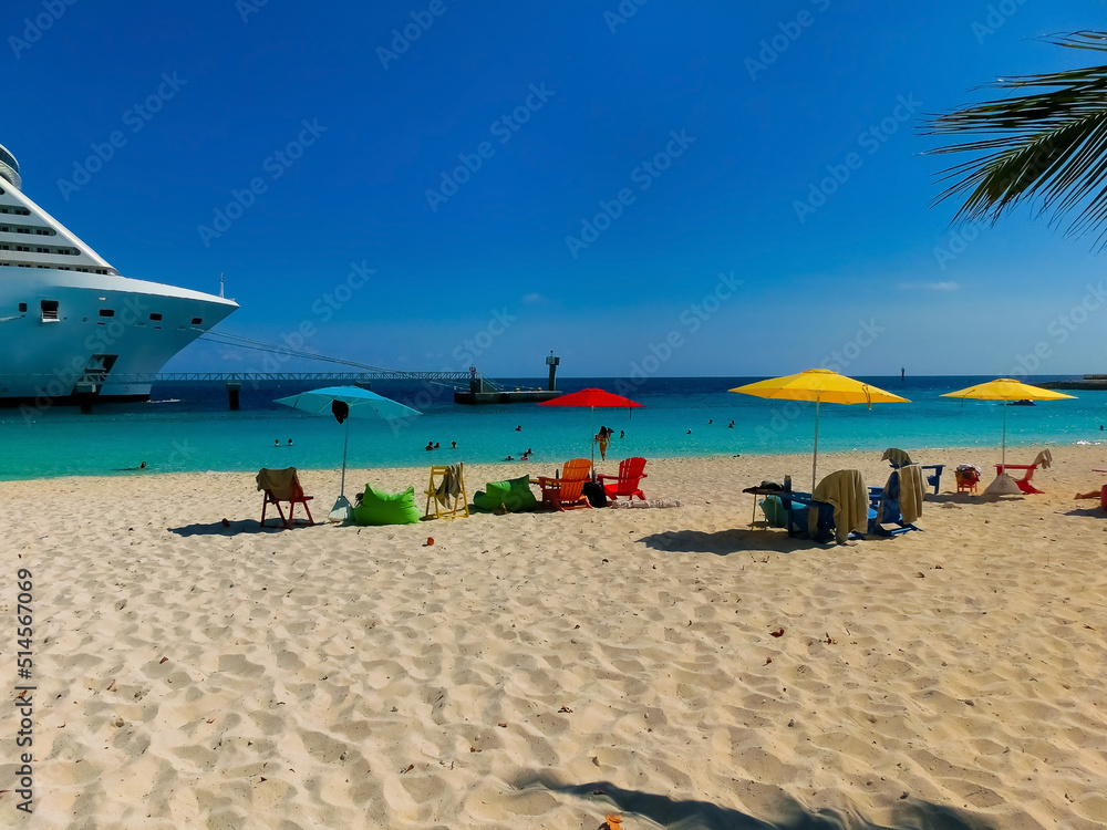 The white sand beach on Ocean Cay island