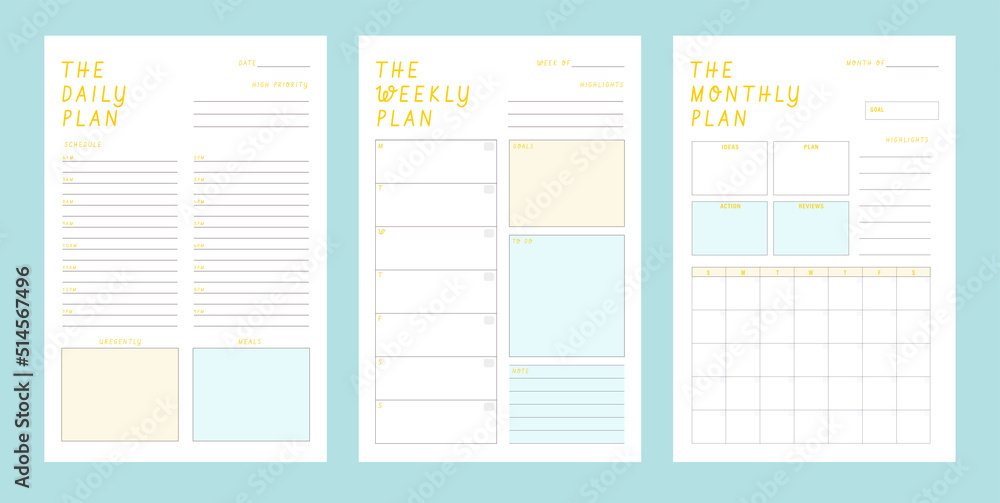 (Summer) Daily, weekly, Monthly planner template. .3 Set of minimalist