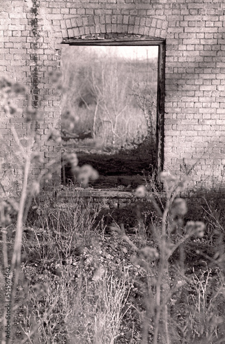 Derelict barn window no glass or frame. Old rough brick exterior. Dried grasses in foreground and background. Sunlight and shadow. Photo taken1998. Black and white film. Scanned negative. Sepia tone