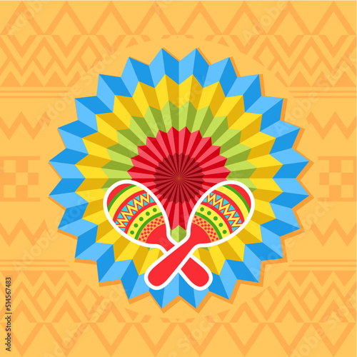 Cinco De Mayo - May 5, Federal Holiday In Mexico. Fiesta banner poster design with party paper fan and maracas on the orange folk art pattern.