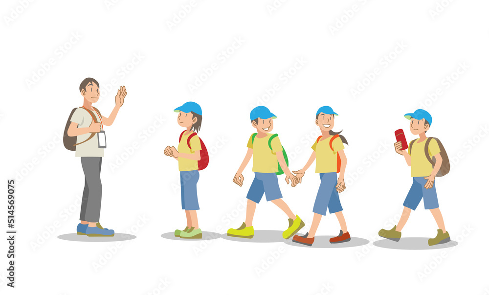 遠足に行く生徒と引率する教師 遠足に行く生徒と引率する教師