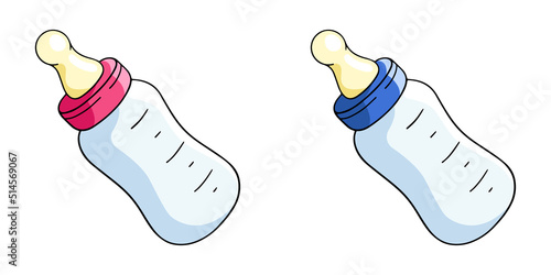 Baby milk bottle, vector design element in the style of doodles, isolated on a white background, hand drawn