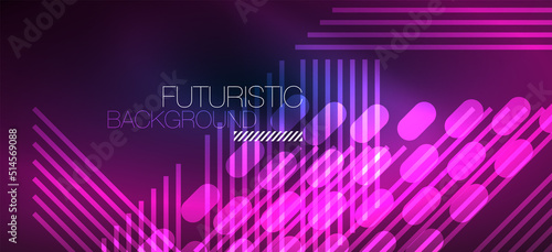Background neon glowing lines and geometric shapes. Lights in the dark wallpaper for concept of AI technology, blockchain, digital, communication, 5G, science