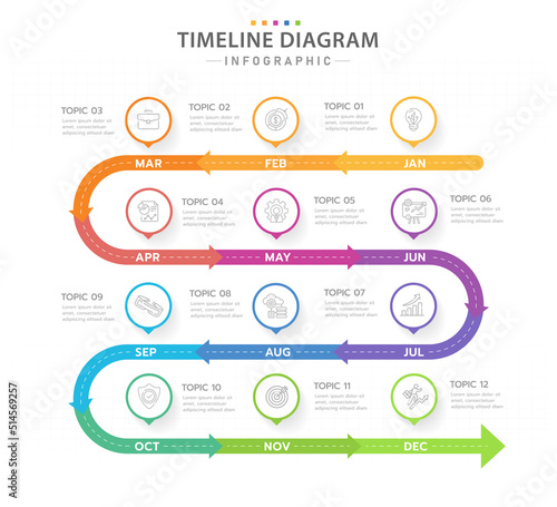 Infographic template for business. 12 Months modern Timeline diagram calendar with arrows, presentation vector infographic.