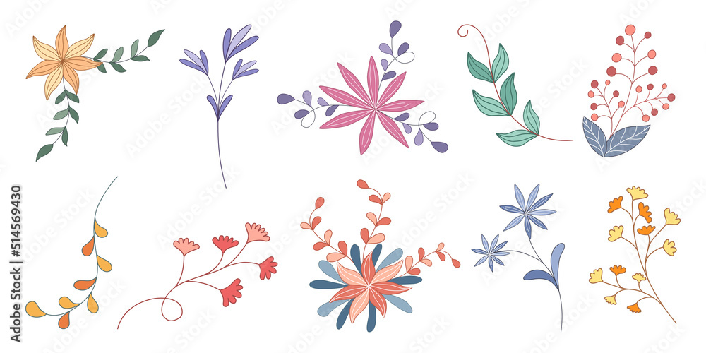 Set vector elements flowers and leaves, doodle style design on white background for digital printing, stickers, spring theme decorations, fabric patterns, cards, scrapbooks, t-shirt designs and more.