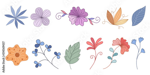 Set vector elements flowers and leaves, doodle style design on white background for digital printing, stickers, spring theme decorations, fabric patterns, cards, scrapbooks, t-shirt designs and more.