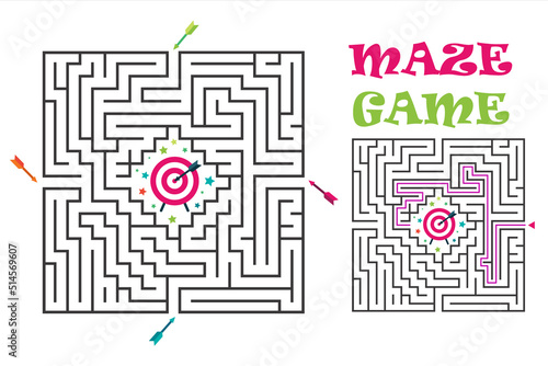 Square maze labyrinth game for kids. Labyrinth logic conundrum with target and arrows. 4 entrance and one right way to go. Vector flat illustration