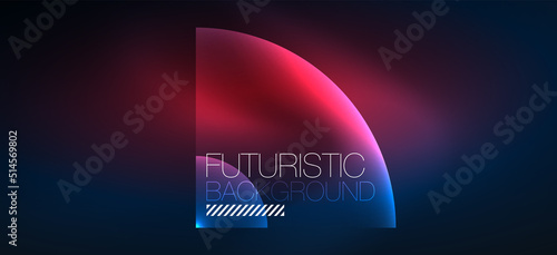 Shiny neon geometric abstract background. Glowing lights on round shapes, triangles and circles. Wallpaper for concept of AI technology, blockchain, communication, 5G, science, business