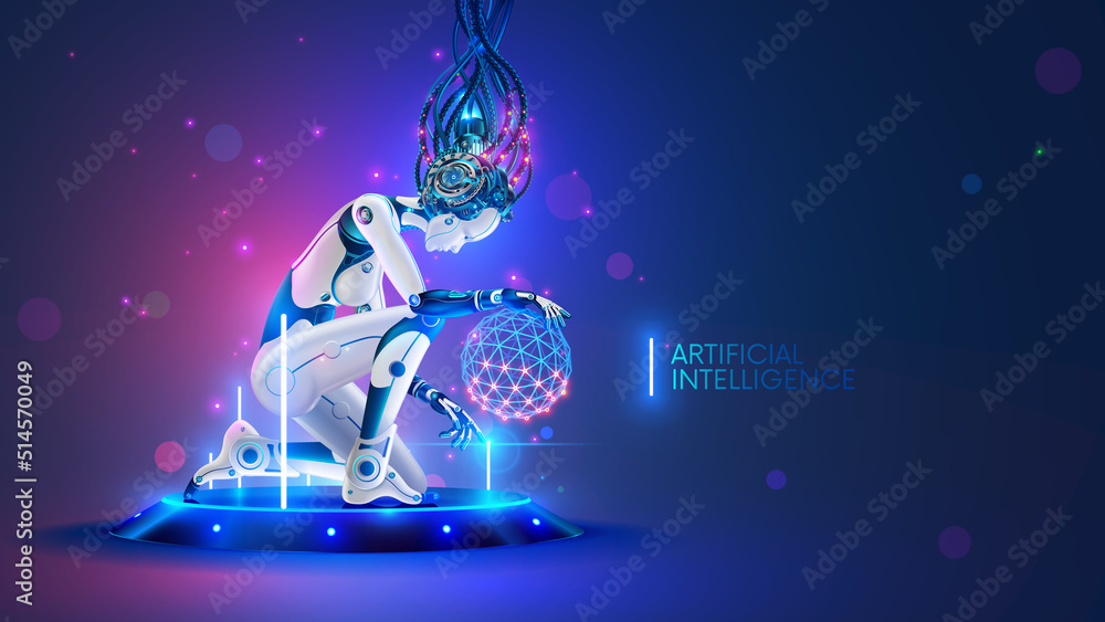 Obraz Woman cyborg or robot with AI knelt down on futuristic platform in cyberspace. artificial intelligence in image anthropomorphic cybernetical mechanical wise Female. AI technology concept. fototapeta, plakat
