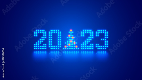 2023 digits, Christmas tree consist glowing pixels in technology style on blue background. New Year card or digital tech calendar poster. Logo of 2023 year hanging over reflection polished surface.