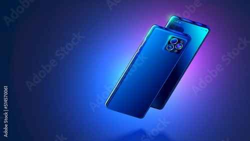 Phone hangs above mirror surface. Smartphone rotated or turned by camera. Smartphone camera close-up view. objective lens effect on glass of mobile cell. Shiny modern phone in neon lights background.