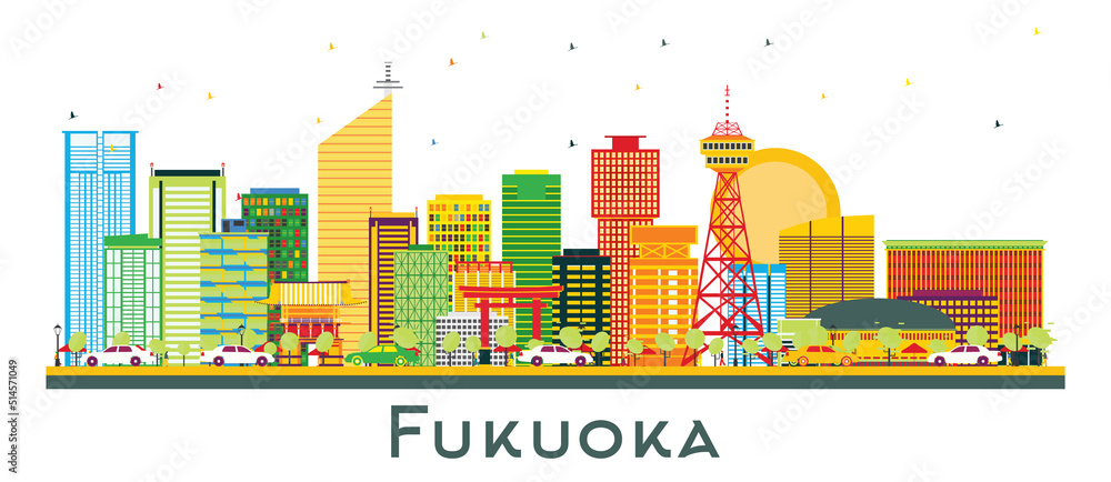 Fukuoka Japan City Skyline with Color Buildings Isolated on White.
