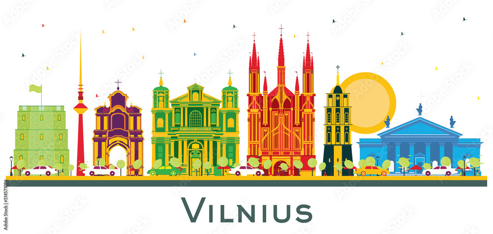 Obraz premium Vilnius Lithuania City Skyline with Color Buildings Isolated on White.