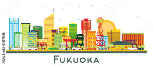 Fukuoka Japan City Skyline with Color Buildings Isolated on White. photo