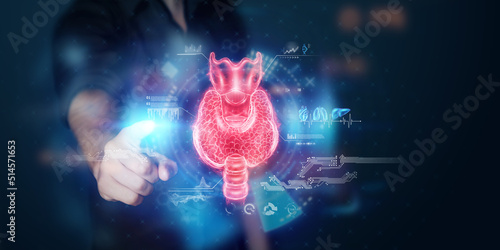 Thyroid gland, Doctor looks at a hologram or ultrasound of the patient's thyroid gland. Ultrasound diagnostics, thyroid diseases, medical indicators.