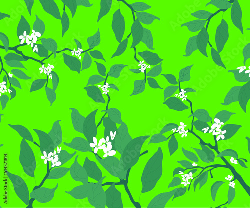 Hand drawn fresh spring seamless pattern. Floral background design with green leaves, succulent plants and white lily flowers. Vector Illustration.
