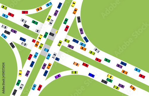 Road junction with many cars top view. Highway and transport. Intersections and overpasses. Vehicles moving on a road or public highway. Stream of heavy traffic. Vector illustration