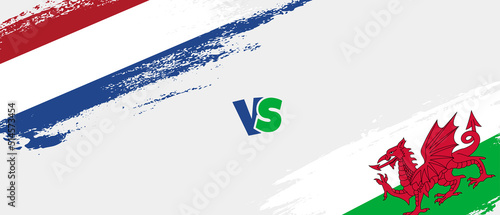 Creative Netherlands vs Wales brush flag illustration. Artistic brush style two country flags relationship background