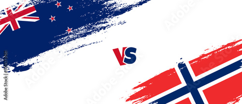 Creative New Zealand vs Norway brush flag illustration. Artistic brush style two country flags relationship background