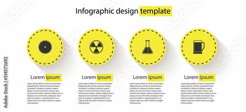 Set Circular saw blade, Radioactive, Test tube and flask and Glass of beer. Business infographic template. Vector