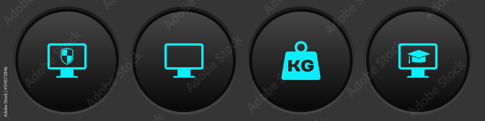 Set Monitor and shield, Computer monitor screen, Weight and with graduation cap icon. Vector Set Monitor and shield, Computer monitor screen, Weight and with graduation cap icon. Vector