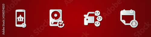 Set Flight mode in the mobile, Hard disk drive with clockwise, Car sharing and Financial calendar icon. Vector