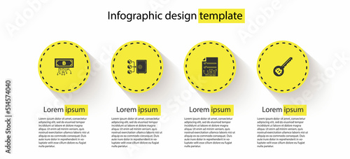 Set Cryptocurrency bitcoin with circuit, Proof of stake, Smart contract and key. Business infographic template. Vector