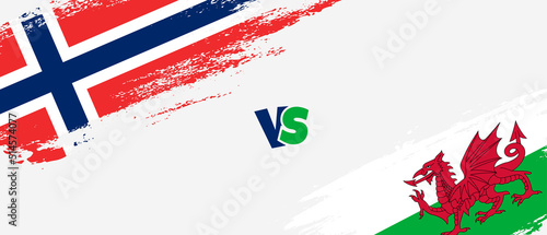 Creative Norway vs Wales brush flag illustration. Artistic brush style two country flags relationship background