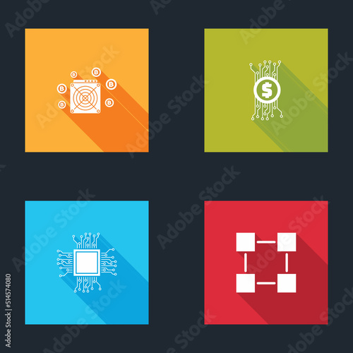 Set ASIC Miner, Cryptocurrency bitcoin circuit, Processor and Blockchain technology icon. Vector