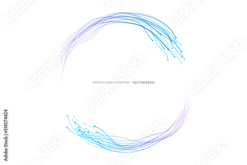 Abstract wavy dynamic lines circle swirl round frame colorful blue purple gradient colors isolated on white background in concept technology, neural network, neurology, science, music, modern.