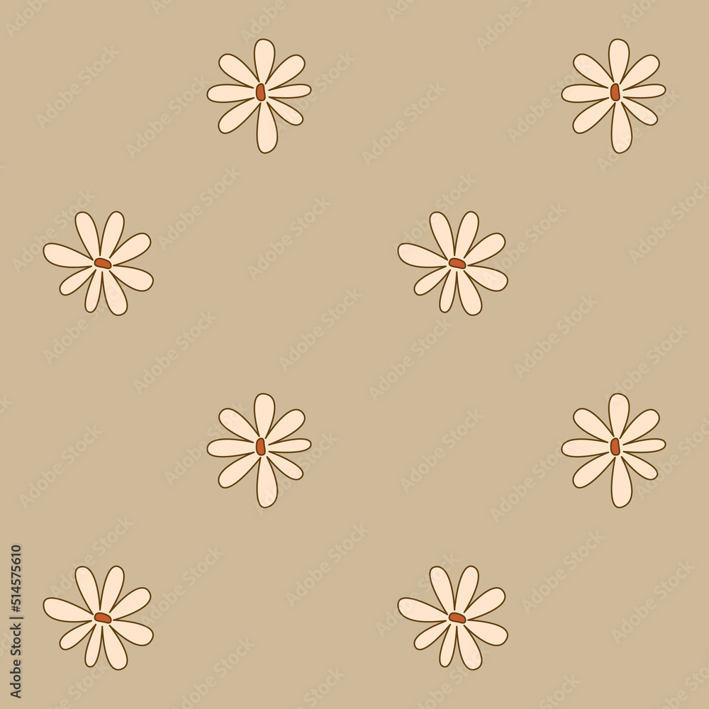 Obraz premium Seamles pattern with groovy daisy flowers in doodle style. Retro floral vector background surface design for textile, stationery, wrapping paper, covers in 1970s style.