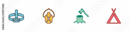 Set Head flashlight, Canteen water bottle, Wooden axe in stump and Tourist tent icon. Vector