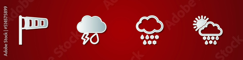 Set Cone meteorology windsock wind vane, Cloud with rain and lightning, snow and snow, rain, sun icon. Vector
