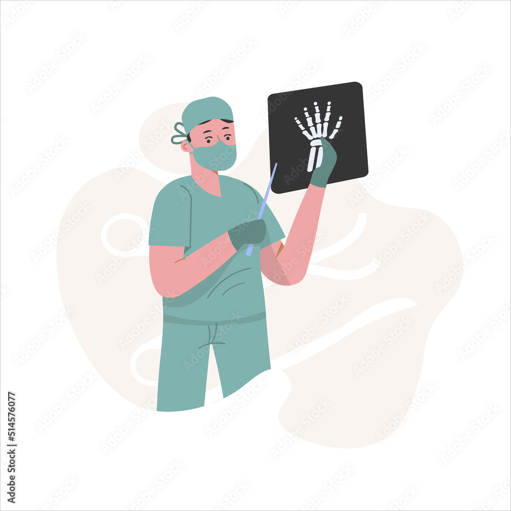 The surgeon shows a picture of the arm in the background circles and instruments
