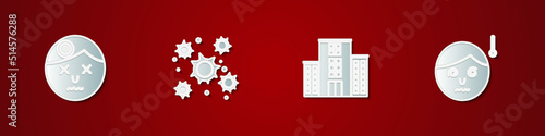 Set Man having headache, Bacteria, Medical hospital building and High human body temperature icon. Vector