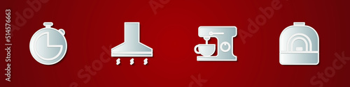 Set Kitchen timer, extractor fan, Electric mixer and Oven icon. Vector