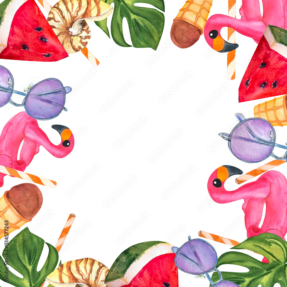 Obraz premium summer illustration watercolor set for design - pink flamingo, hat with a pink bow, monstera leaf, watermelon, purple sunglasses, shell sea, straw for cocktail, chocolate ice cream. Watercolor frame