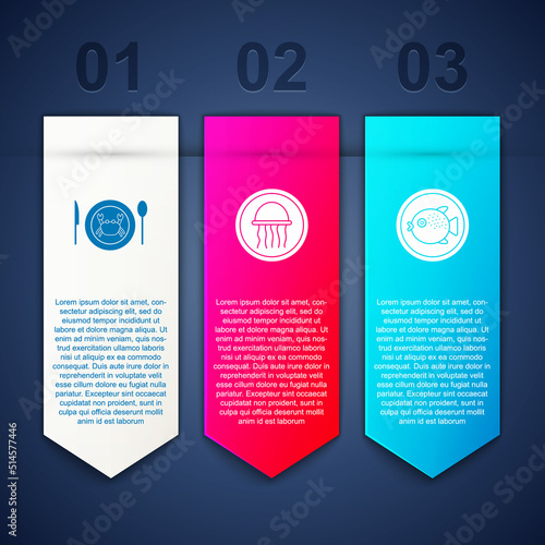 Set Served crab on a plate, Jellyfish and Puffer. Business infographic template. Vector