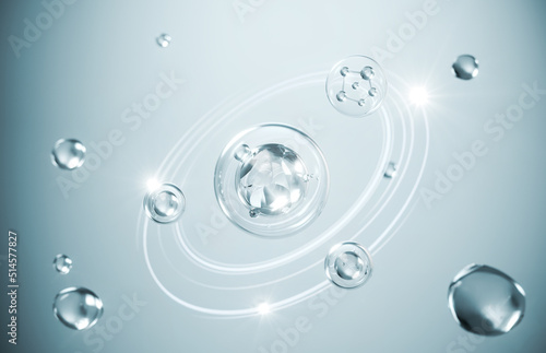 cosmetic moisturizer water molecule, Cosmetic Essence, Liquid bubble, Molecule inside Liquid Bubble on water background