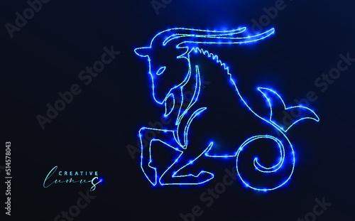 Capricorn icon illuminated with stars and lines. Zodiac symbol template, neon effect, starry in the universe. Model: futuristic glowing, big data, ai, technology, astrology
