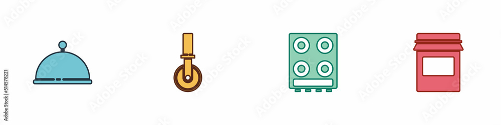 Set Covered with tray, Pizza knife, Gas stove and Jam jar icon. Vector Set Covered with tray, Pizza knife, Gas stove and Jam jar icon. Vector
