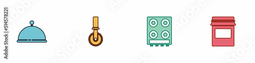 Set Covered with tray, Pizza knife, Gas stove and Jam jar icon. Vector