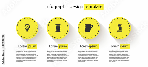 Set Location with coffee bean, Pour over coffee maker, Coffee cup and Aeropress. Business infographic template. Vector