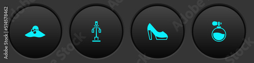 Set Elegant women hat, Street light, Woman shoe and Perfume icon. Vector