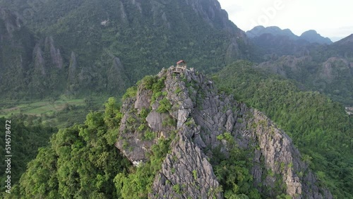 A beautiful limestone mountain views and landscape of Nam Xay Viewpoint in Vang Vieng, Laos by drone
