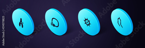 Set Isometric Bicycle fork, sprocket crank, lock and seat icon. Vector