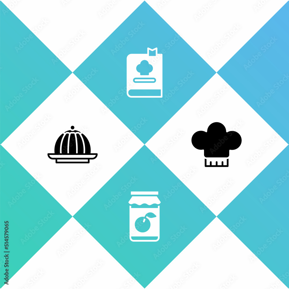 Set Pudding custard, Jam jar, Cookbook and Chef hat icon. Vector Set Pudding custard, Jam jar, Cookbook and Chef hat icon. Vector
