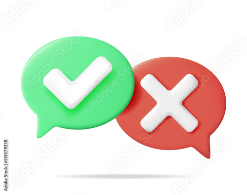 Yes and No Speech Bubble Isolated. Green Right and Red Wrong, Correct Incorrect Sign. Checkmark Tick Rejection, Cancel, Error, Stop, Decision, Agreement Approval or Trust Symbol. Vector Illustration