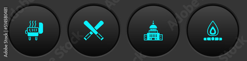 Set Barbecue grill, Crossed baseball bat, White House and Campfire icon. Vector