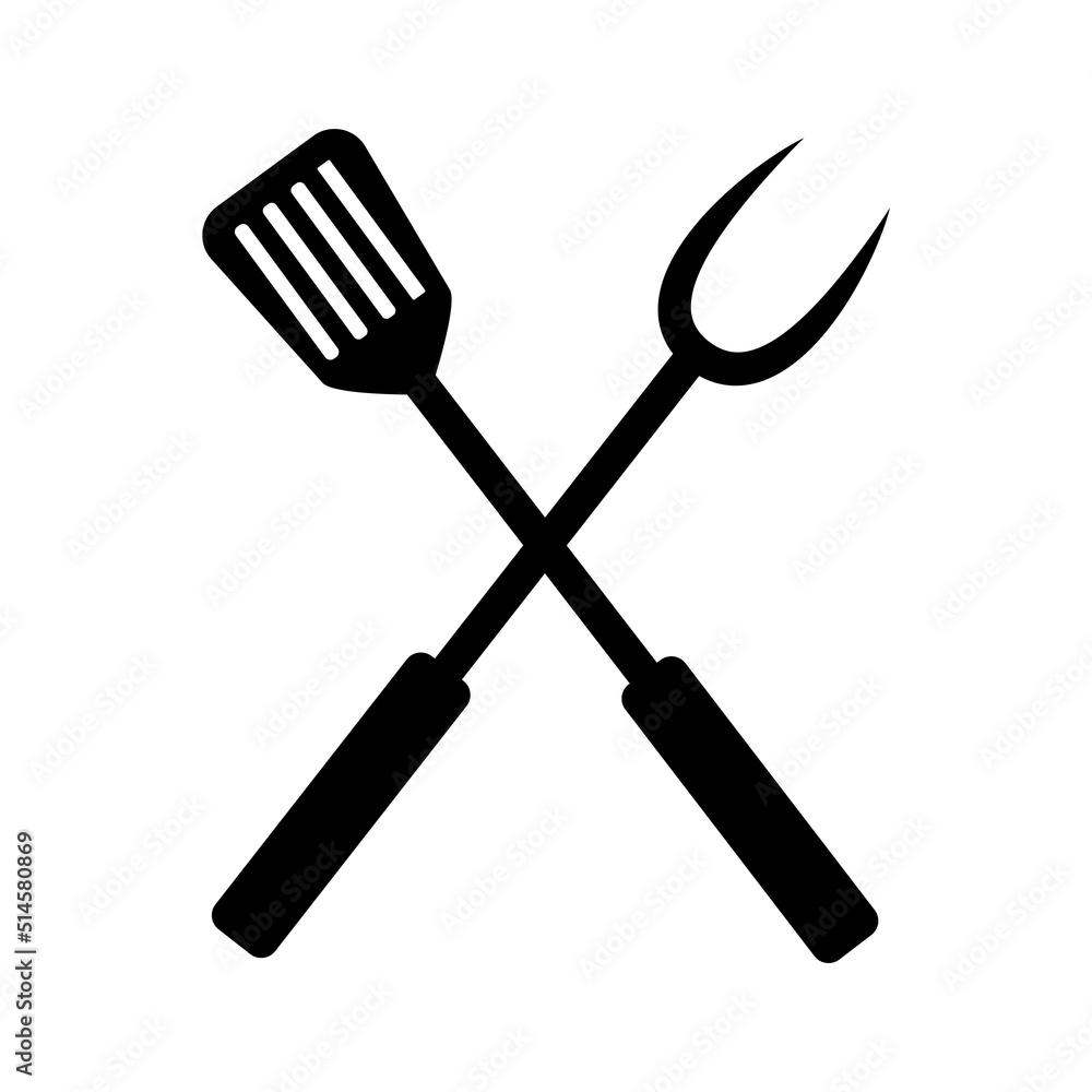 BBQ or grill tools icon. Meat fork with spatula logo. Crossed barbecue ...